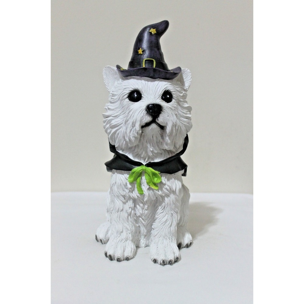 Halloween Westie West Highland White Dog Witch Hat Figure Black Cape 13in